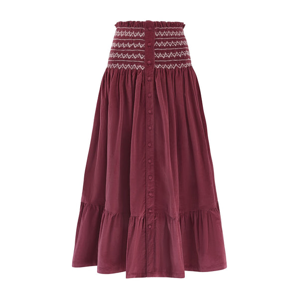 Sullivan Women's Skirt Mulberry Needlecord with Rosehip Hand Smocking