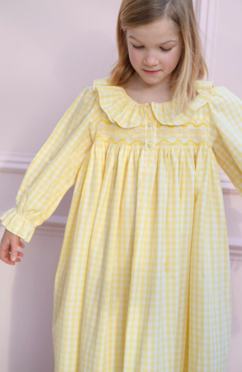 Nightingale Girl's Dress Primrose Gingham with Daffodil Hand Smocking