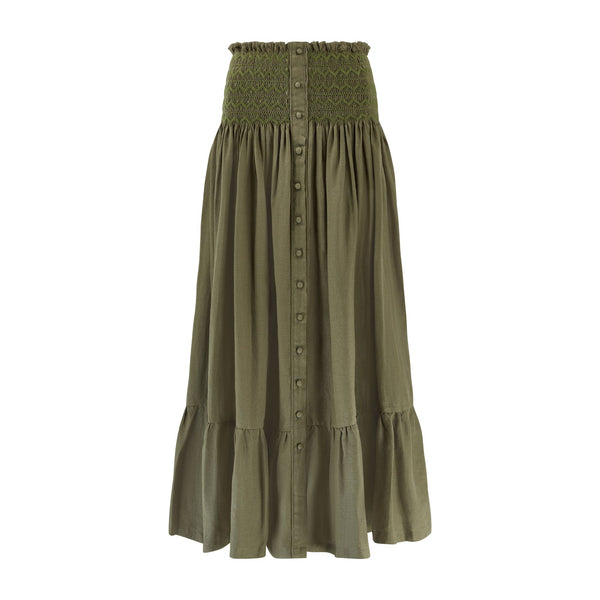 Mary Seacole Women's Skirt Oak Leaf Linen with Moss Hand Smocking