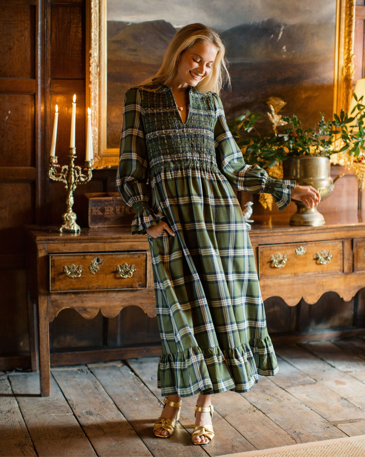 Emmeline Pankhurst Women's Dress Glen Check Tartan with Highlands and Lowlands Hand Smocking