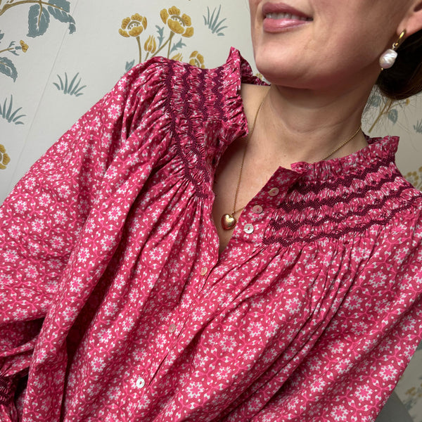 Cleopatra Blouse Mulberry Star Cotton with Merlot Hand Smocking Edition 32