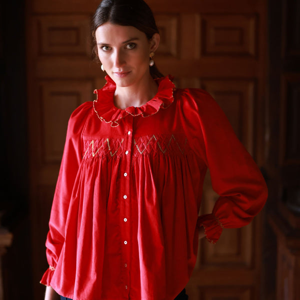 Betsy Fry Blouse Crimson Needlecord with Gold Coin Hand Smocking
