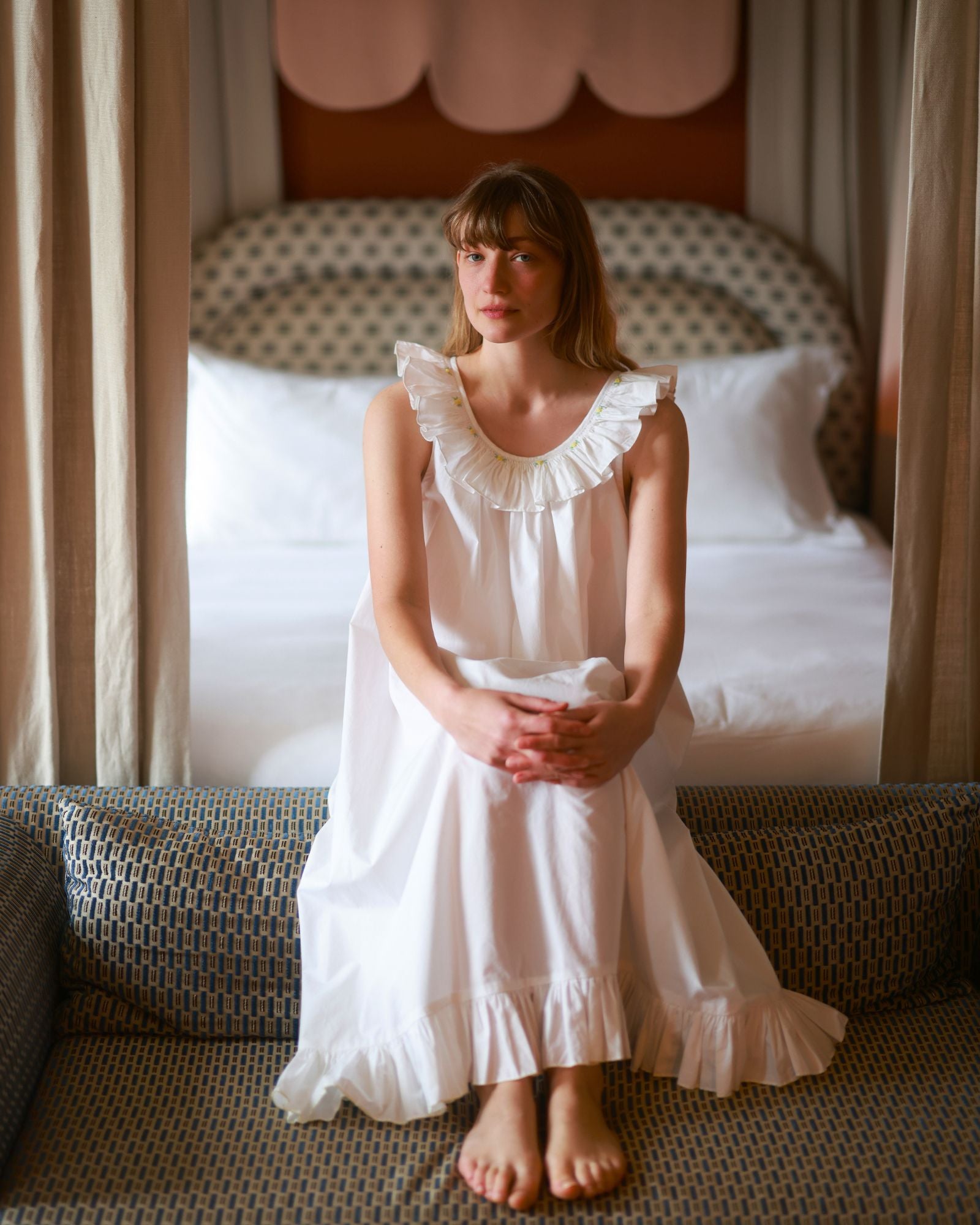 Memo Press x Smock London Women's Alice Dress Moonstone with Yellow Rose Hand Smocking