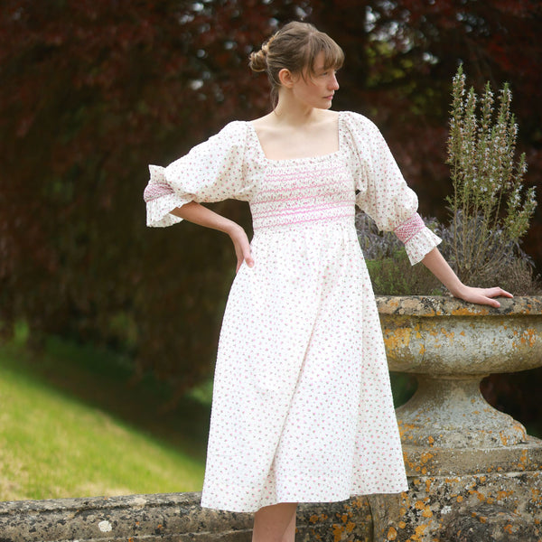 Josefine Butler Dress Rosebud Plumetti with Vintage Rose Hand Smocking