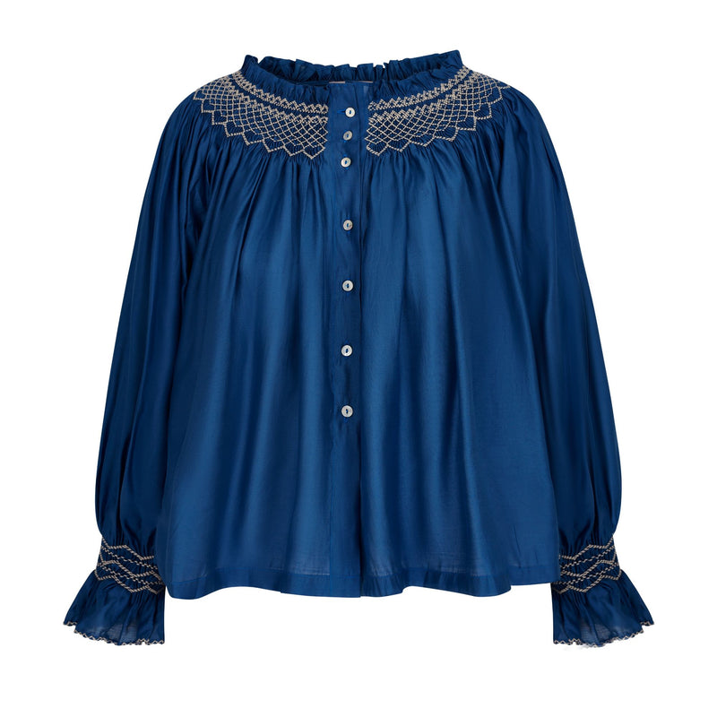 Cleopatra Blouse Cobalt Silk Cotton Sapphire with Vanilla Hand Smocking Edition 33