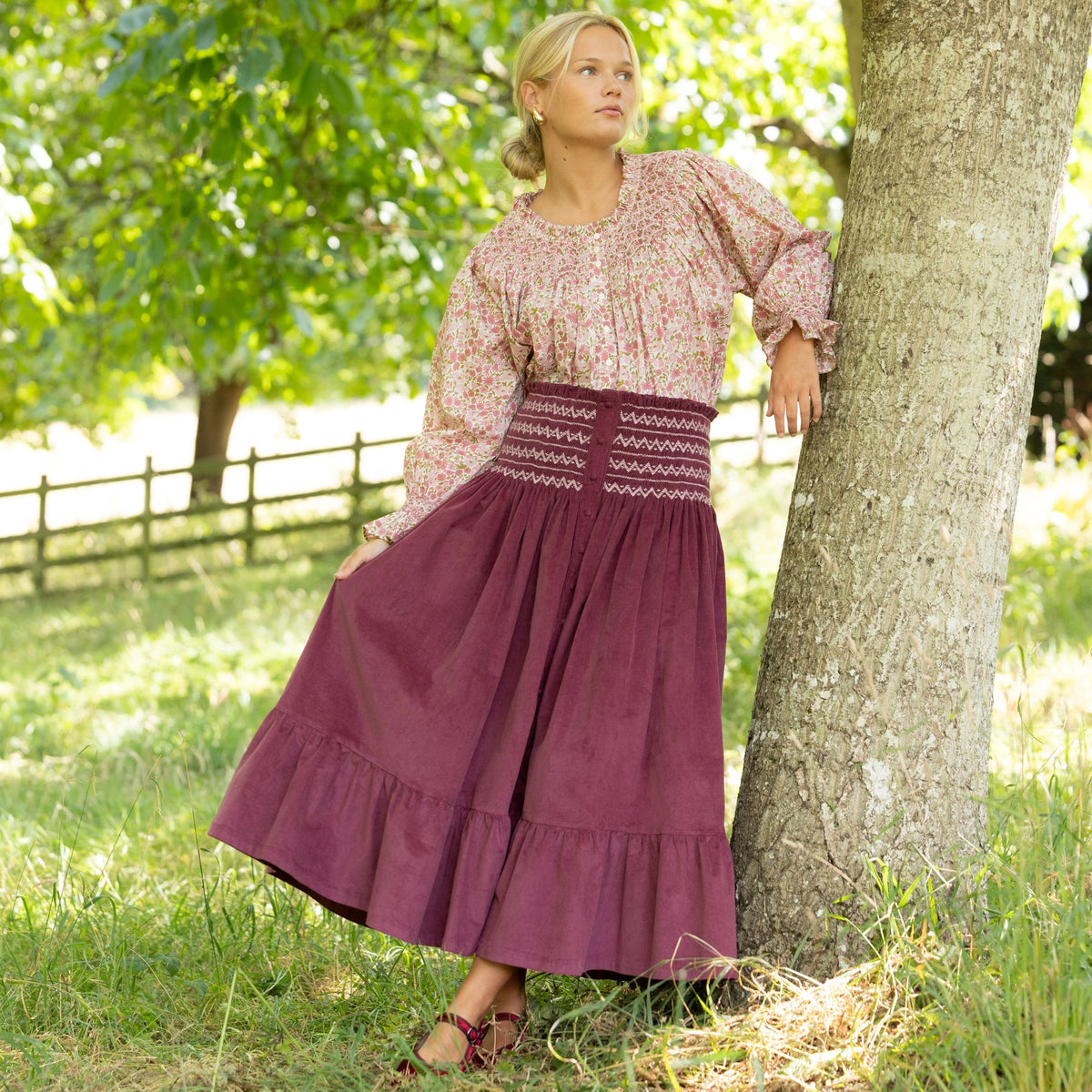 Sullivan Skirt Mulberry Needlecord Rosehip Hand Smocking