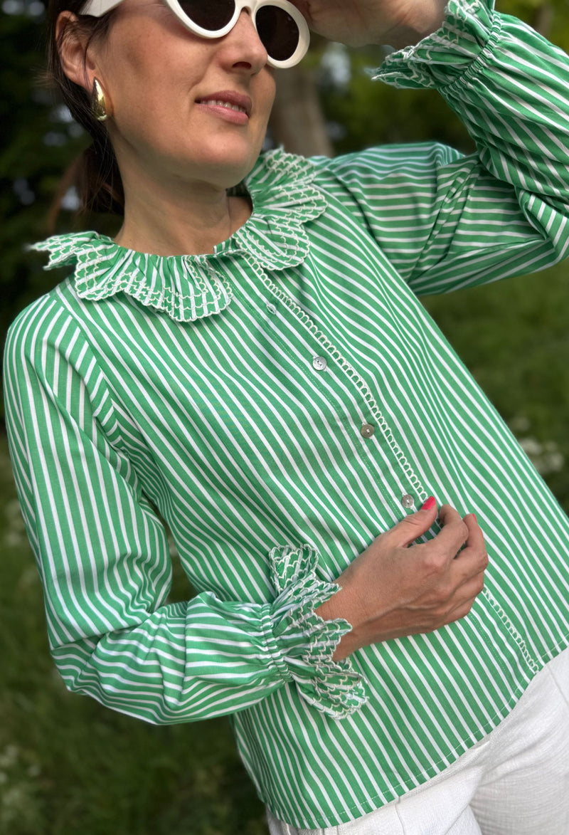 Bronte Blouse Kelly Green Stripes with Sea Spray Embroidery