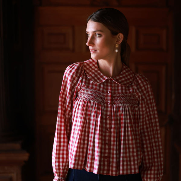 Marie Curie Blouse Cranberry Check with Snow Berry Hand Smocking