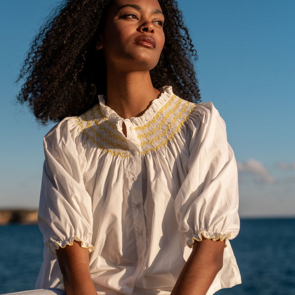 Cleopatra Blouse White with Sunshine Hand Smocking