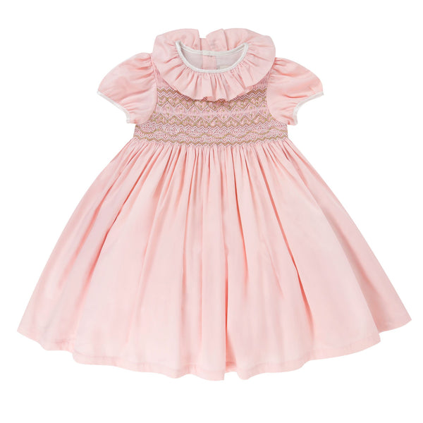 Margaret Special Occasion Dress Seashell Cotton Sateen with Gold & Pearl Hand Smocking