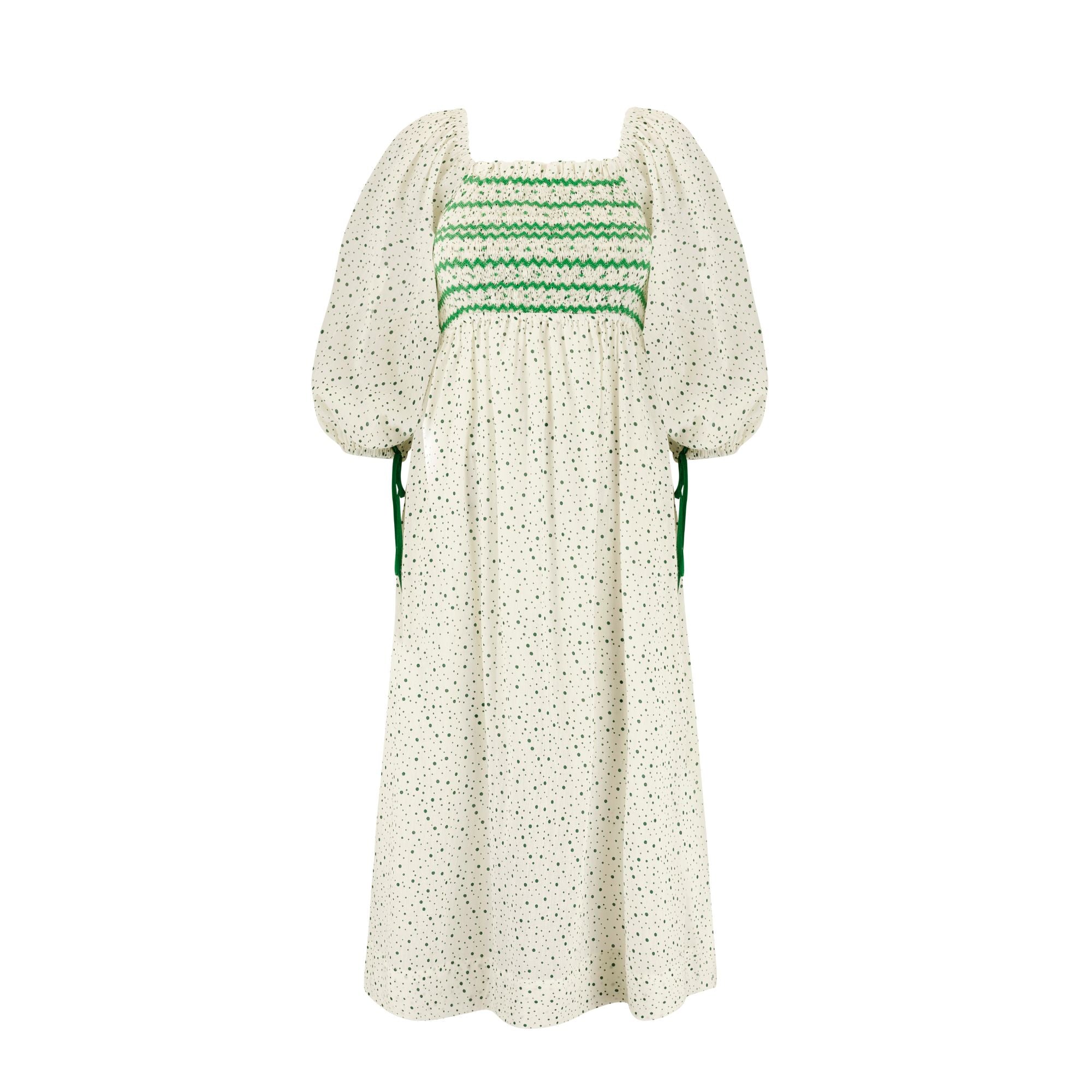 Medium Josefine Butler Dress Frobscottle Spot with Cool as a Cucumber Hand Smocking
