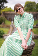 Victoria Woodhull Dress Green Goddess Stripe with Chantilly Hand Smocking