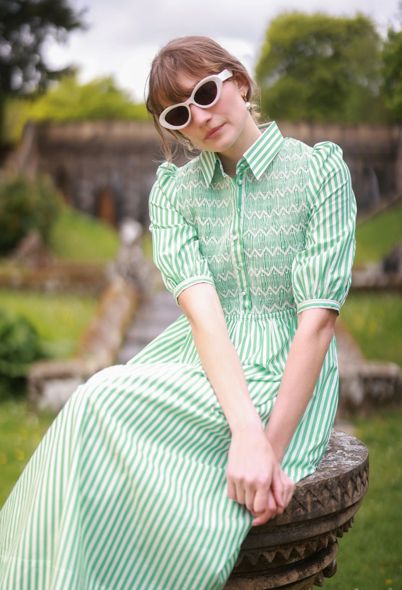 Victoria Woodhull Dress Green Goddess Stripe with Chantilly Hand Smocking