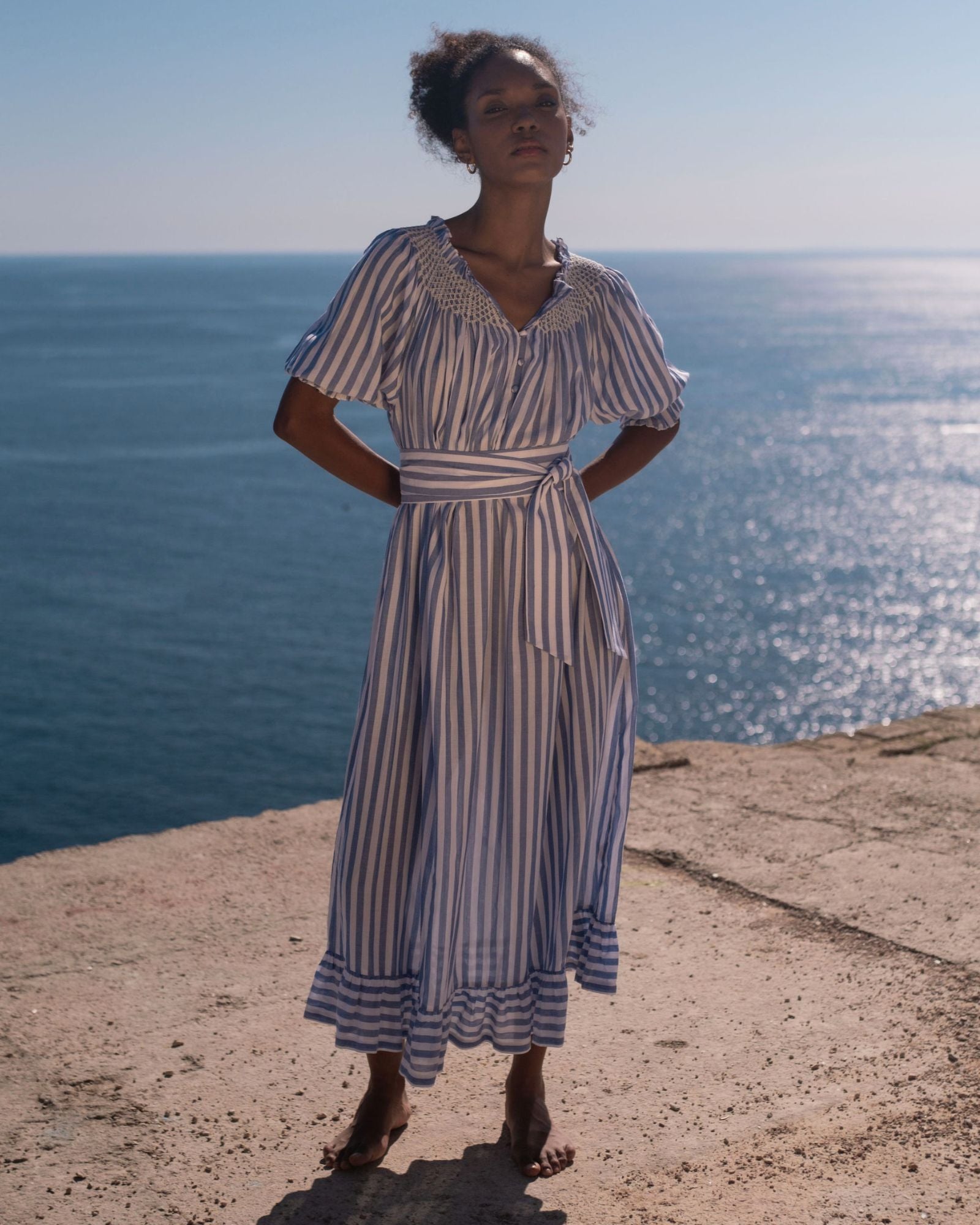 Grace Darling Dress Marine Stripe with Milk Hand Smocking