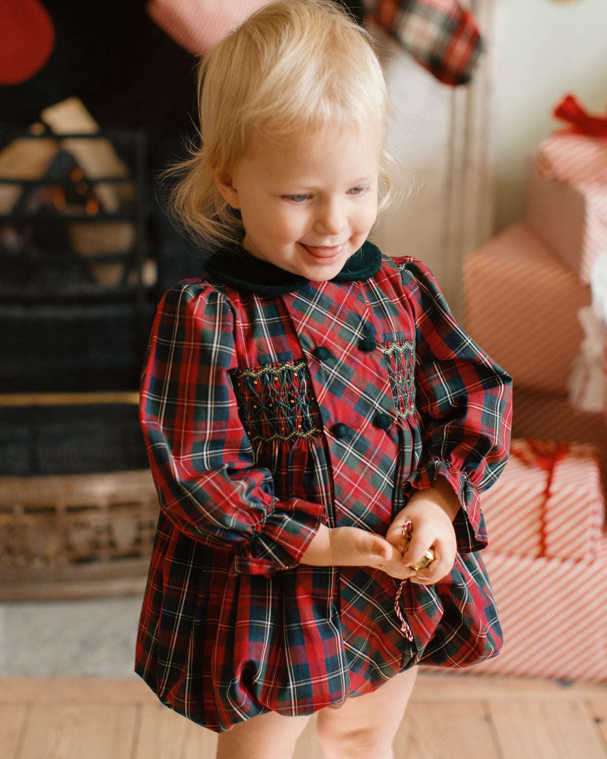 Thatcher Romper McDonald Tartan with Green and Glitter Hand Smocking