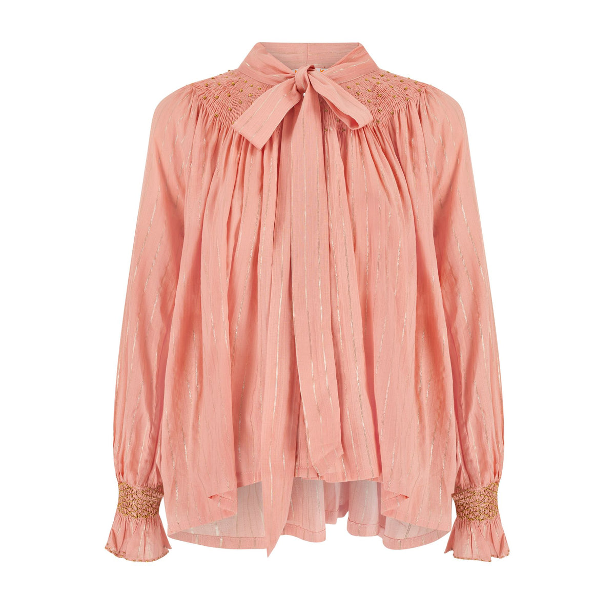 Large Burdett Coutts Pussy Bow Blouse Golden Girl Stripe with End of the Rainbow Hand Smocking Edition 1