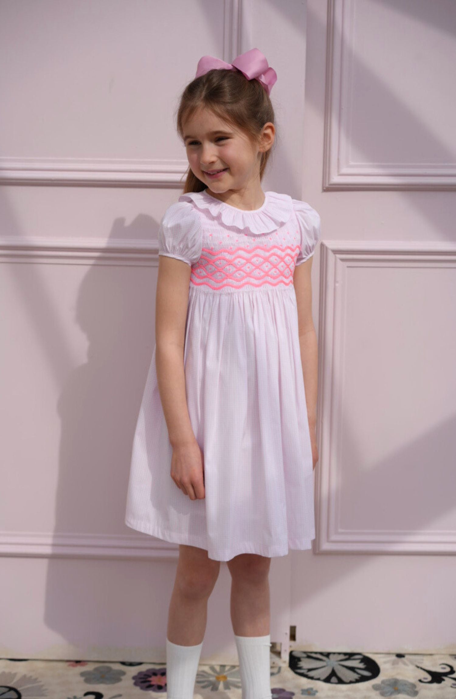 Katherine Johnson Dress Pink Grid Cotton with Strawberrylicious Hand Smocking