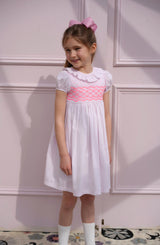 Katherine Johnson Dress Pink Grid Cotton with Strawberrylicious Hand Smocking