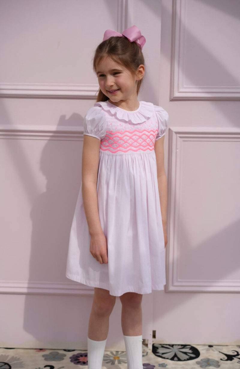 Katherine Johnson Dress Pink Grid Cotton with Strawberrylicious Hand Smocking