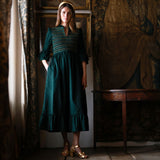 Emmeline Pankhurst Women's Dress Pine Tree Needlecord with Nordic Sparkle Hand Smocking