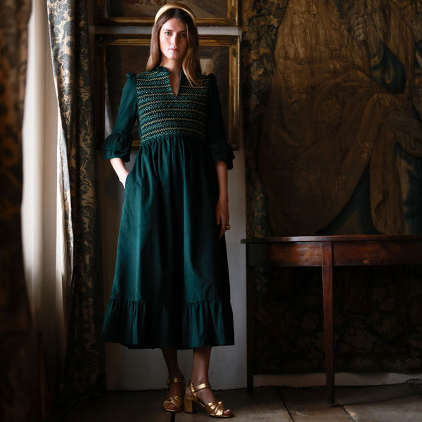 Emmeline Pankhurst Women's Dress Pine Tree Needlecord with Nordic Sparkle Hand Smocking