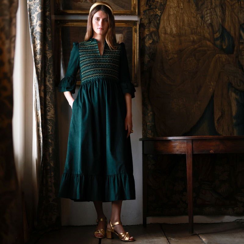 Emmeline Pankhurst Women's Dress Pine Tree Needlecord with Nordic Sparkle Hand Smocking