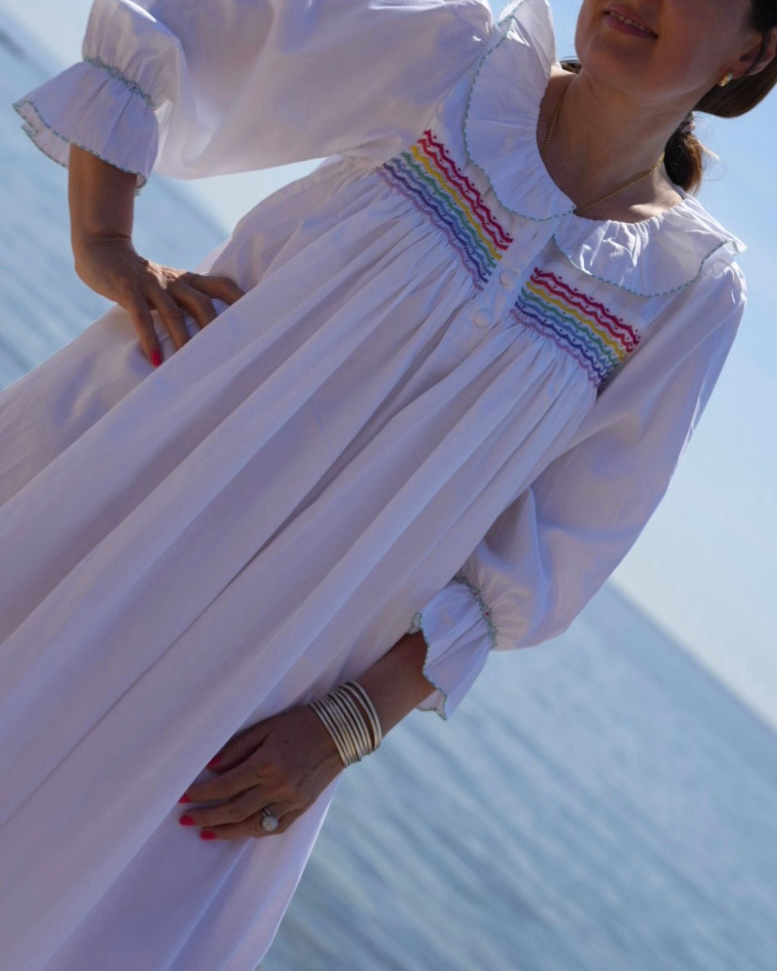 Nightingale Women's Dress Moonstone with Rainbow Hand Smocking