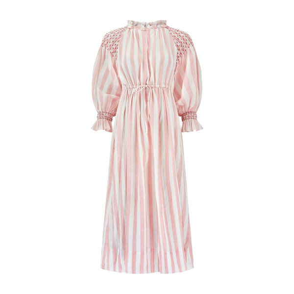 Aloha Wanderwell Dress Powder Pink Stripe with Scarlet Hand Smocking
