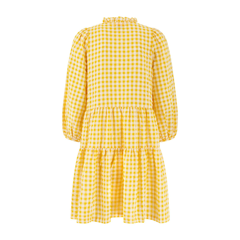Billie Holiday Short Dress Yellow Submarine Seersucker with Lychee Lemonade Hand Smocking