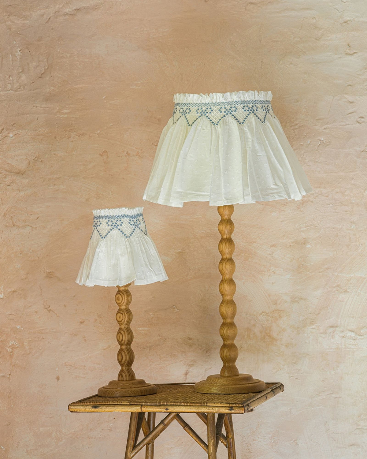 Edit58 x Smock London Elsie Lampshade White Plumetti with Cornflower Ribbons Hand Smocking