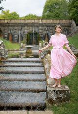 Wu Zetian Dress Pink Chevron Stripe with Peppermint Cream Hand Smocking