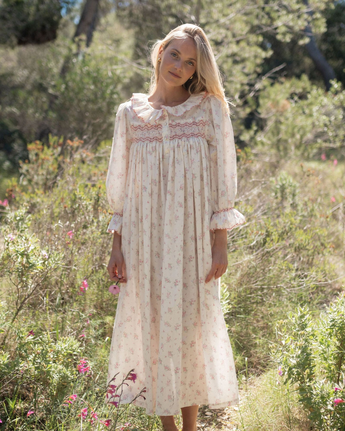 Smock London Rosebud Chintz Nightingale Dress with Peony Hand Smocking