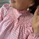 Scholl Blouse Pink Sand Gingham with Pink Pearl Hand Smocking Edition 39