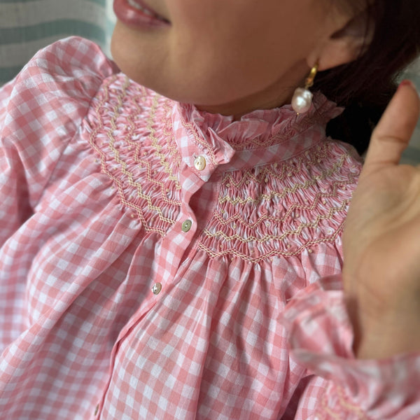Scholl Blouse Pink Sand Gingham with Pink Pearl Hand Smocking Edition 39