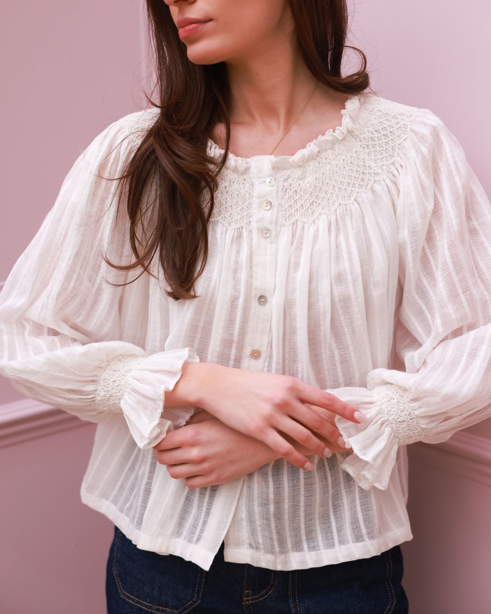 Cleopatra Blouse White Stripe Cotton Muslin with milk Hand Smocking Edition 37