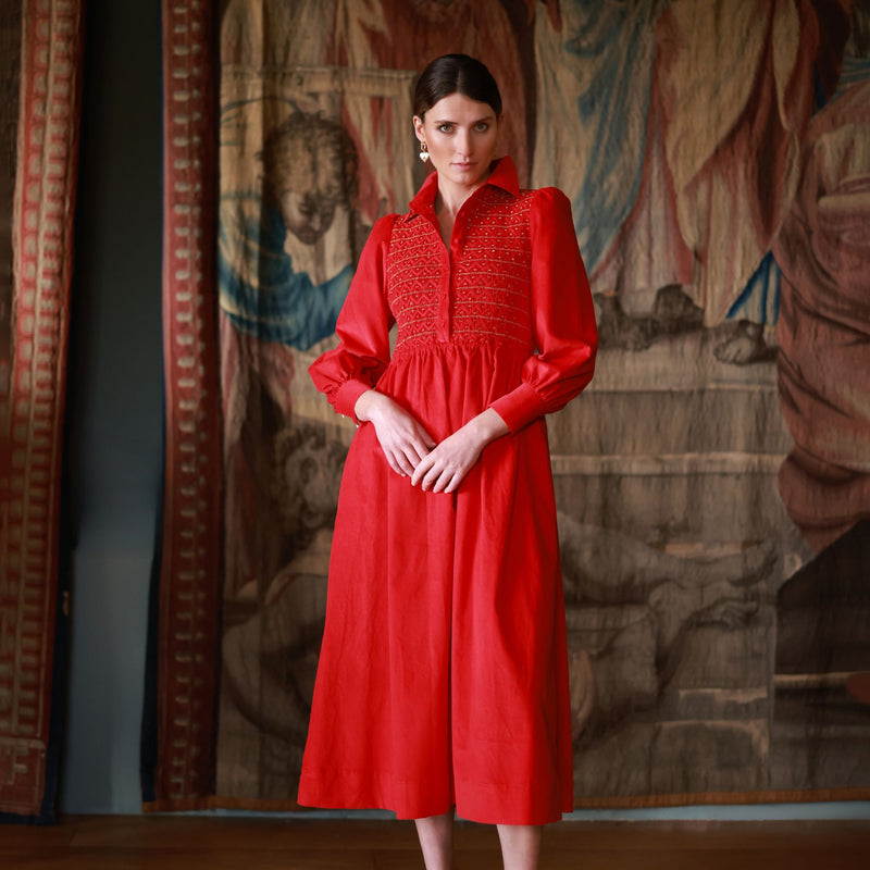 Victoria Woodhull Women's Dress Crimson Needlecord with Gold Coin Hand Smocking