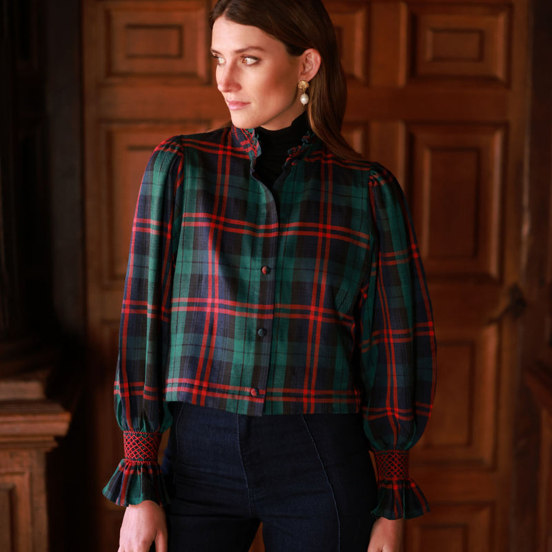 Bobbi Gibbs Jacket Red Stripe Tartan with Christmas Tree Hand Smocking
