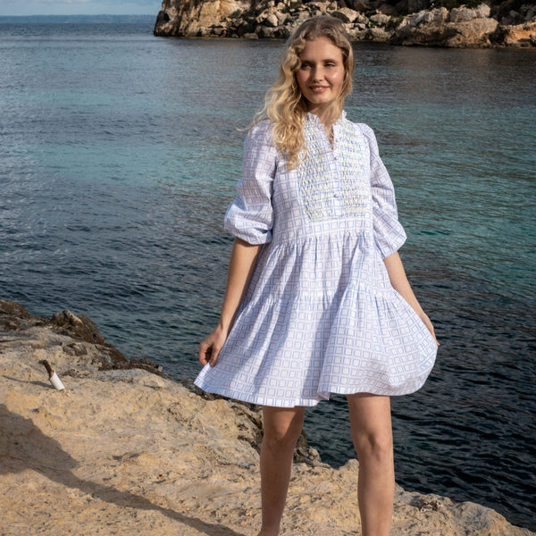 Billie Holiday Dress Blue Squares with Absinth Hand Smocking
