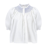 Large Cleopatra Blouse White with Cornflower Hand Smocking