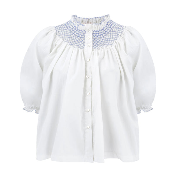 Cleopatra Blouse White with Cornflower Hand Smocking
