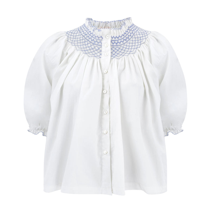 Large Cleopatra Blouse White with Cornflower Hand Smocking