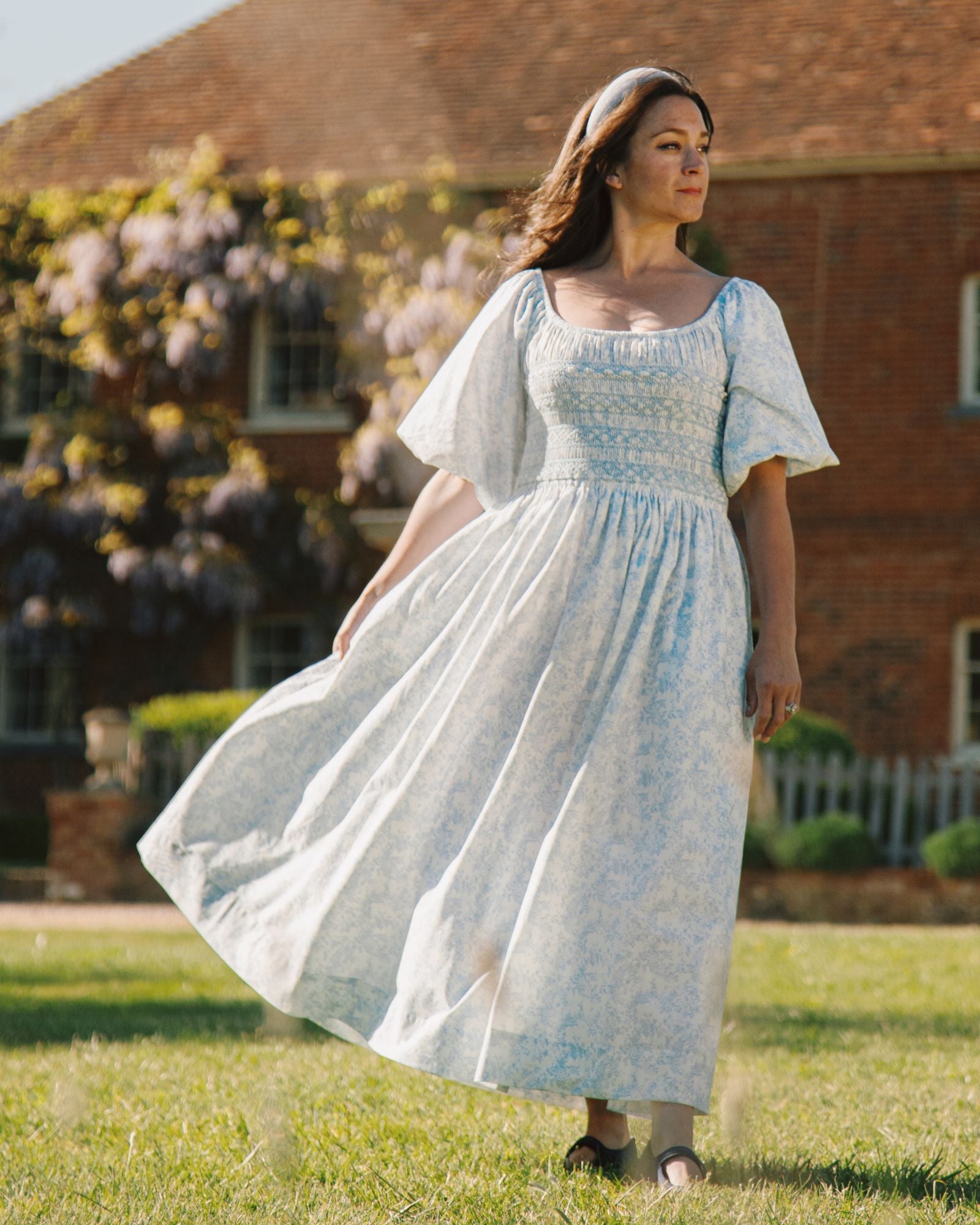 My Mulberry House x Smock London Scarlett Dress Toile des Champs with Delphinium Hand Smocking