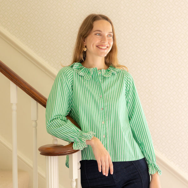 Bronte Blouse Kelly Green Stripes with Sea Spray Embroidery