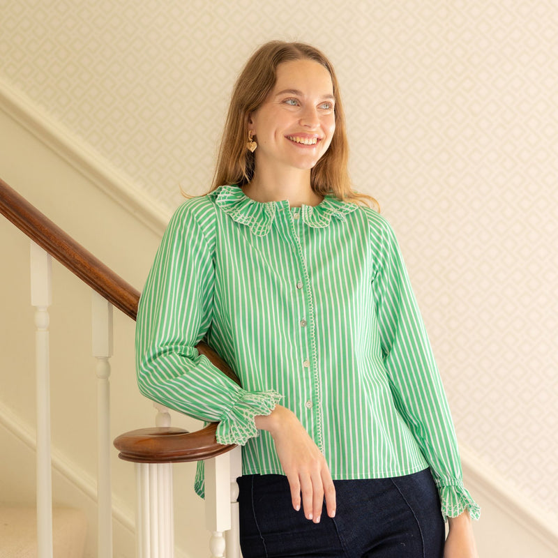 Bronte Blouse Kelly Green Stripes with Sea Spray Embroidery
