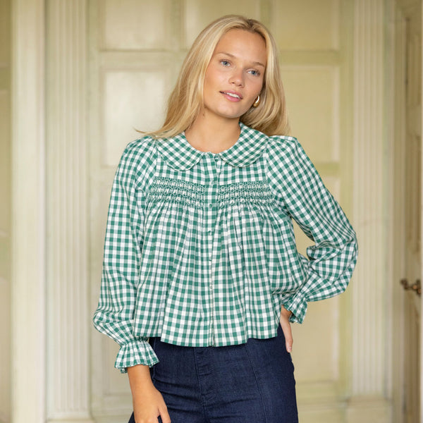 Marie Curie Blouse Holly Gingham with Mistletoe Hand Smocking