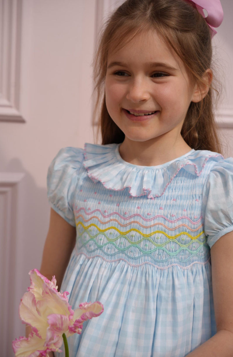 Katherine Johnson Dress Blue Sky Gingham with Rainbow Hand Smocking