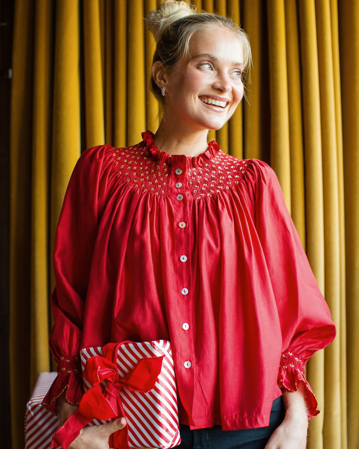 Cleopatra Blouse Red Silk Cotton with Sleigh Bell Hand Smocking Edition 35