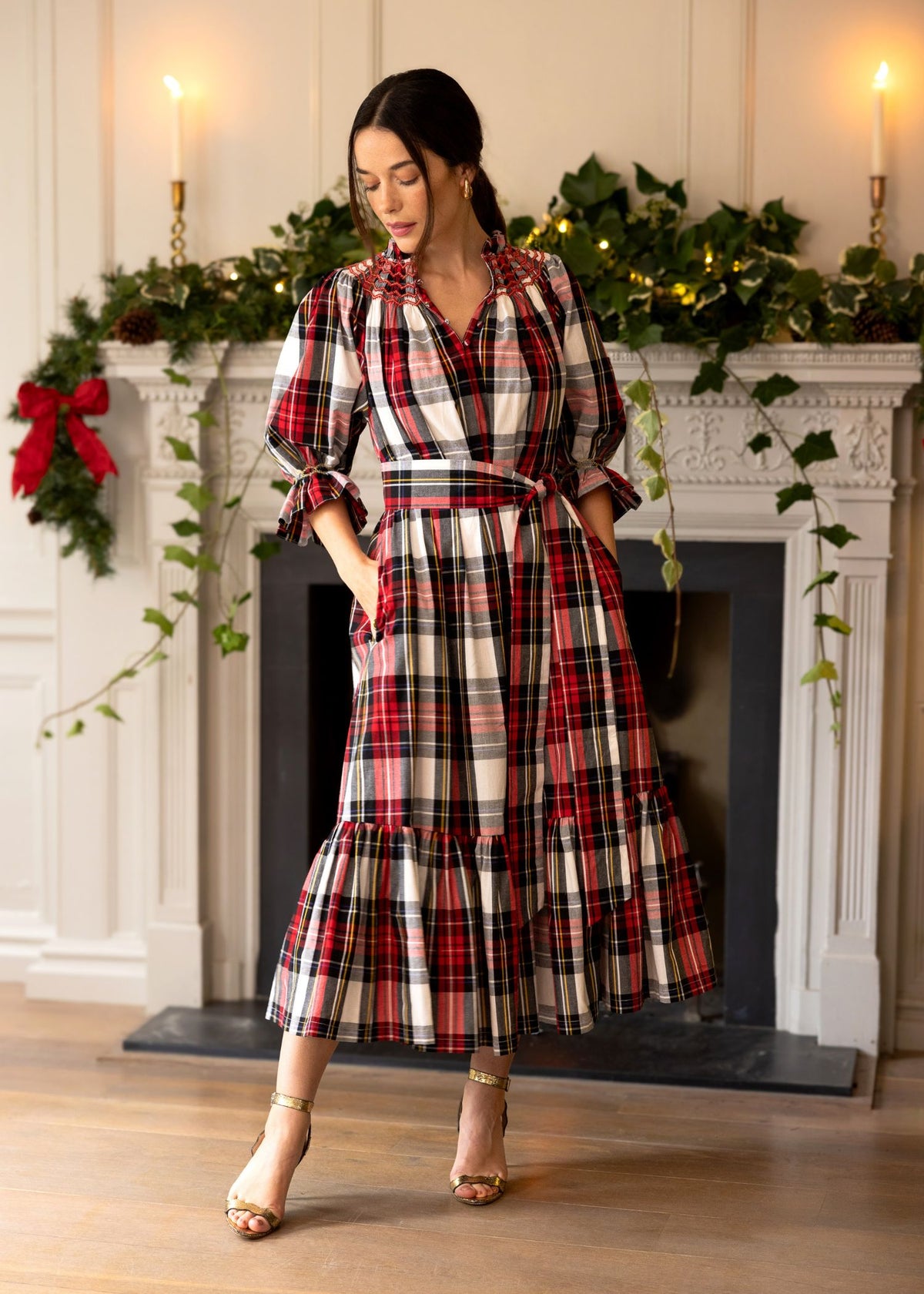 S/M Colette Dress Royal Tartan with Sleigh Bell Hand Smocking