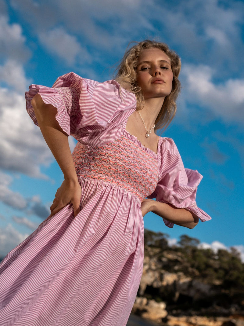 Josefine Butler Dress Raspberry Stripe Seersucker with Cool-Ade Hand Smocking
