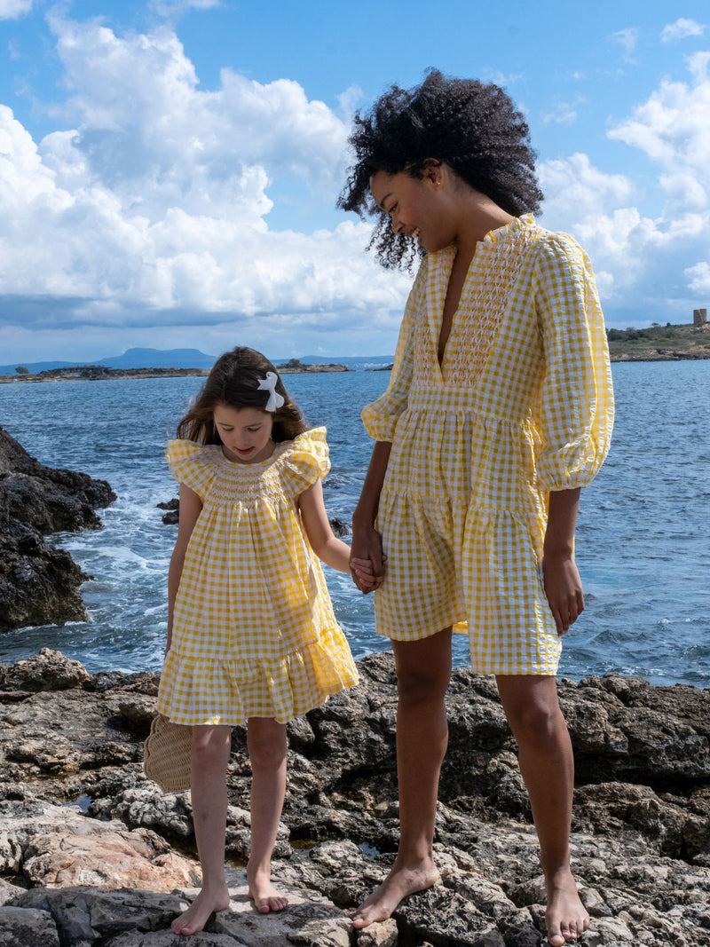Indira Gandhi Flutter Dress Yellow Submarine Seersucker with Lychee Lemonade Hand Smocking